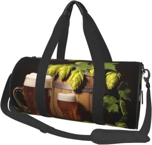 Travel Duffle Bag Lightweight Sports Gym Bag for Men Women Foldable Carry On Weekender Overnight Bag Beer and Hop Cones Canvas Sport Duffel Bag for Yoga Business Trip, Black, One Size