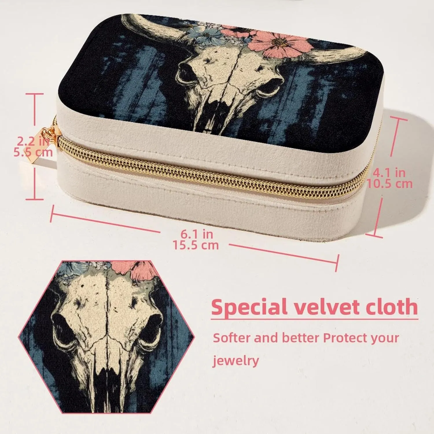 Travel Jewelry Box for Women Girls, Western Skull Floral Flower Bones Jewelry Organizer Case for Necklace, Stud Earrings, Ring, Bracelets Storage Boxes