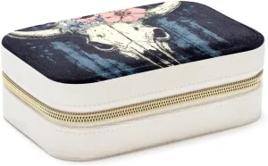Travel Jewelry Box for Women Girls, Western Skull Floral Flower Bones Jewelry Organizer Case for Necklace, Stud Earrings, Ring, Bracelets Storage Boxes