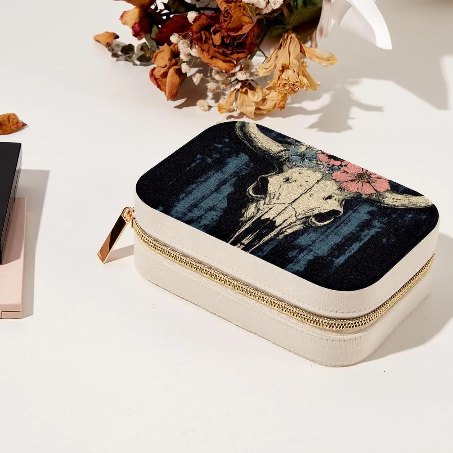 Travel Jewelry Box for Women Girls, Western Skull Floral Flower Bones Jewelry Organizer Case for Necklace, Stud Earrings, Ring, Bracelets Storage Boxes