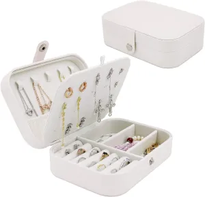 Travel Jewelry Box Organizer Case Glitter White Vegan Leather Portable Storage, Glitter White