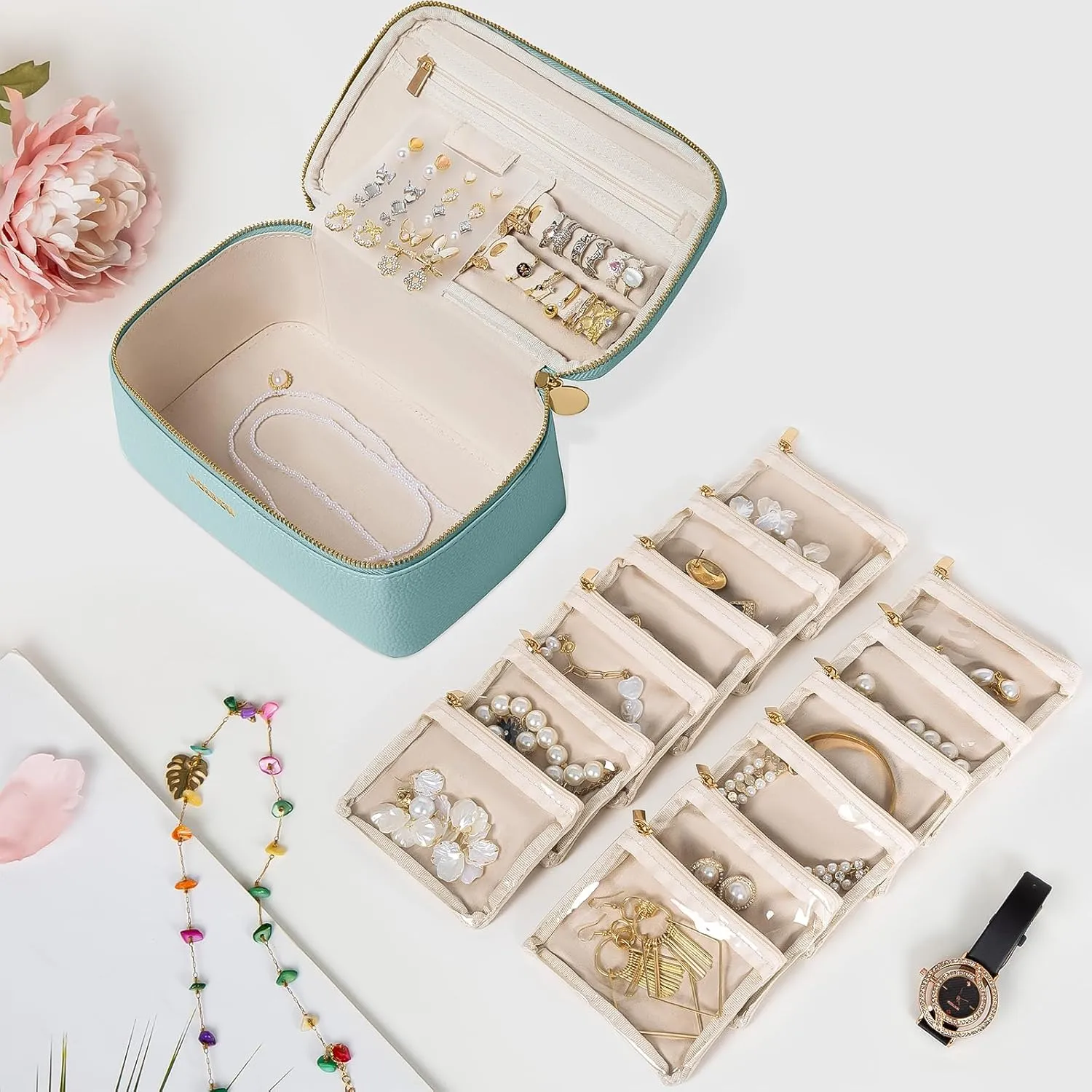Travel Jewelry Box with 12 Jewelry Bags, Leather Jewelry Organizer Case for Women Girl for Necklace Earring Bracelet Ring, Jewelry Holder Organizer Box,Wedding Birthday Gift Idea (Blue)