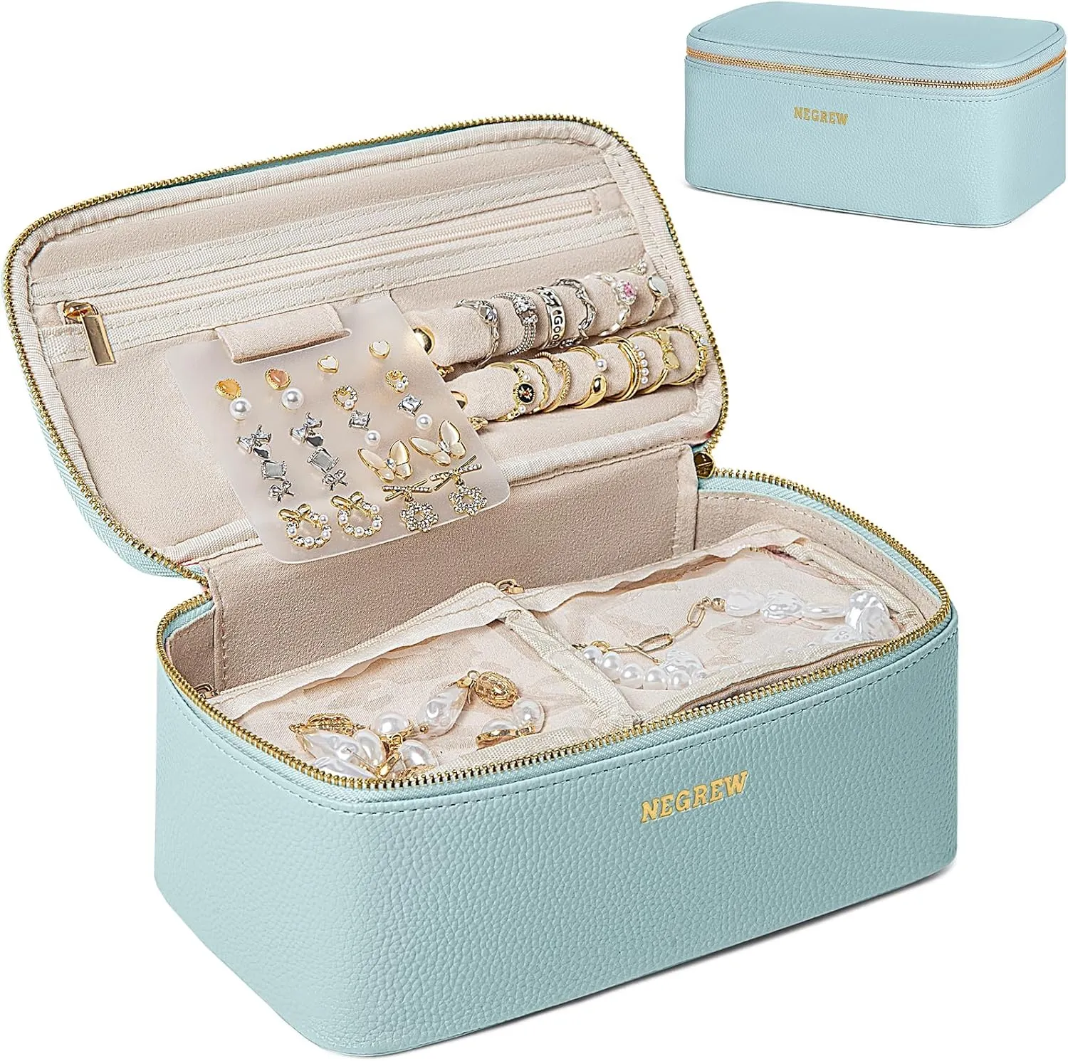 Travel Jewelry Box with 12 Jewelry Bags, Leather Jewelry Organizer Case for Women Girl for Necklace Earring Bracelet Ring, Jewelry Holder Organizer Box,Wedding Birthday Gift Idea (Blue)