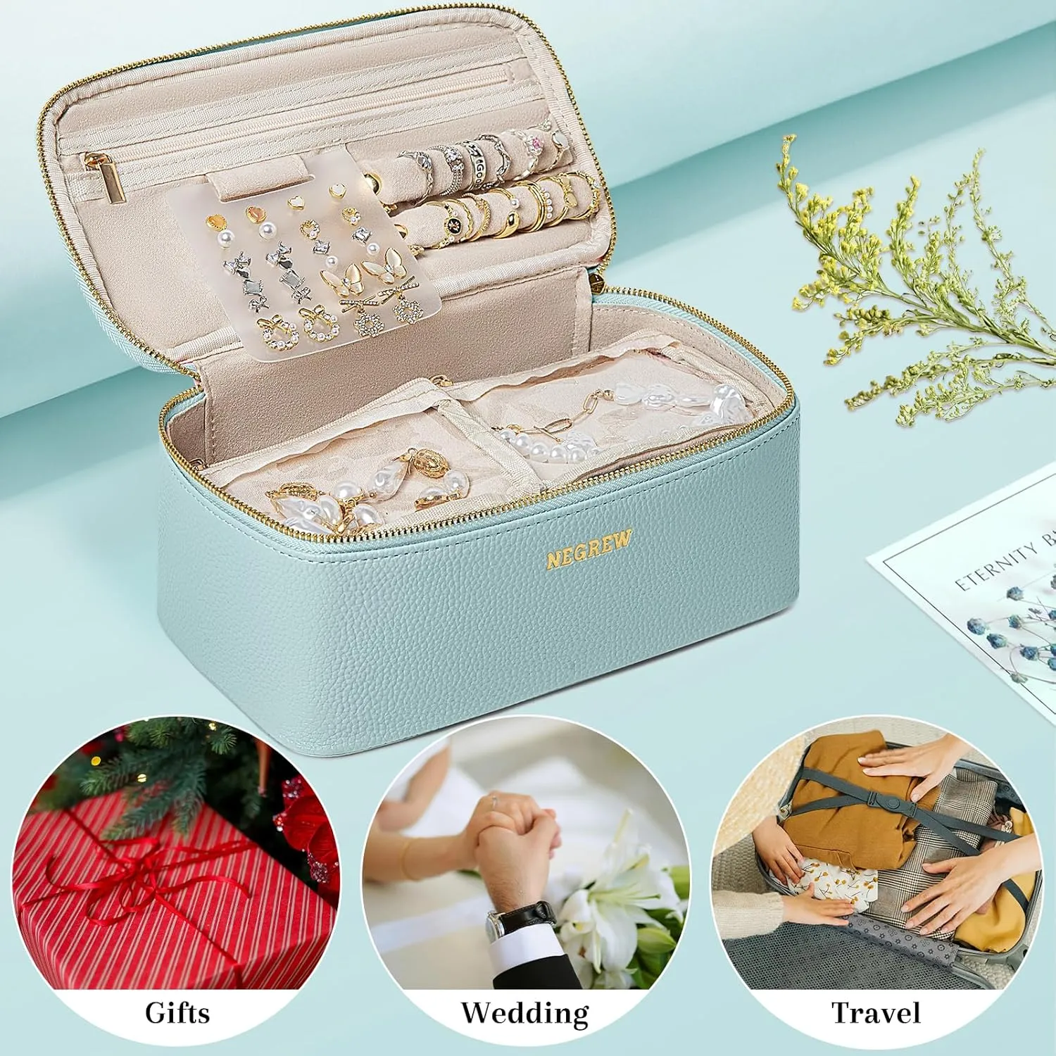 Travel Jewelry Box with 12 Jewelry Bags, Leather Jewelry Organizer Case for Women Girl for Necklace Earring Bracelet Ring, Jewelry Holder Organizer Box,Wedding Birthday Gift Idea (Blue)