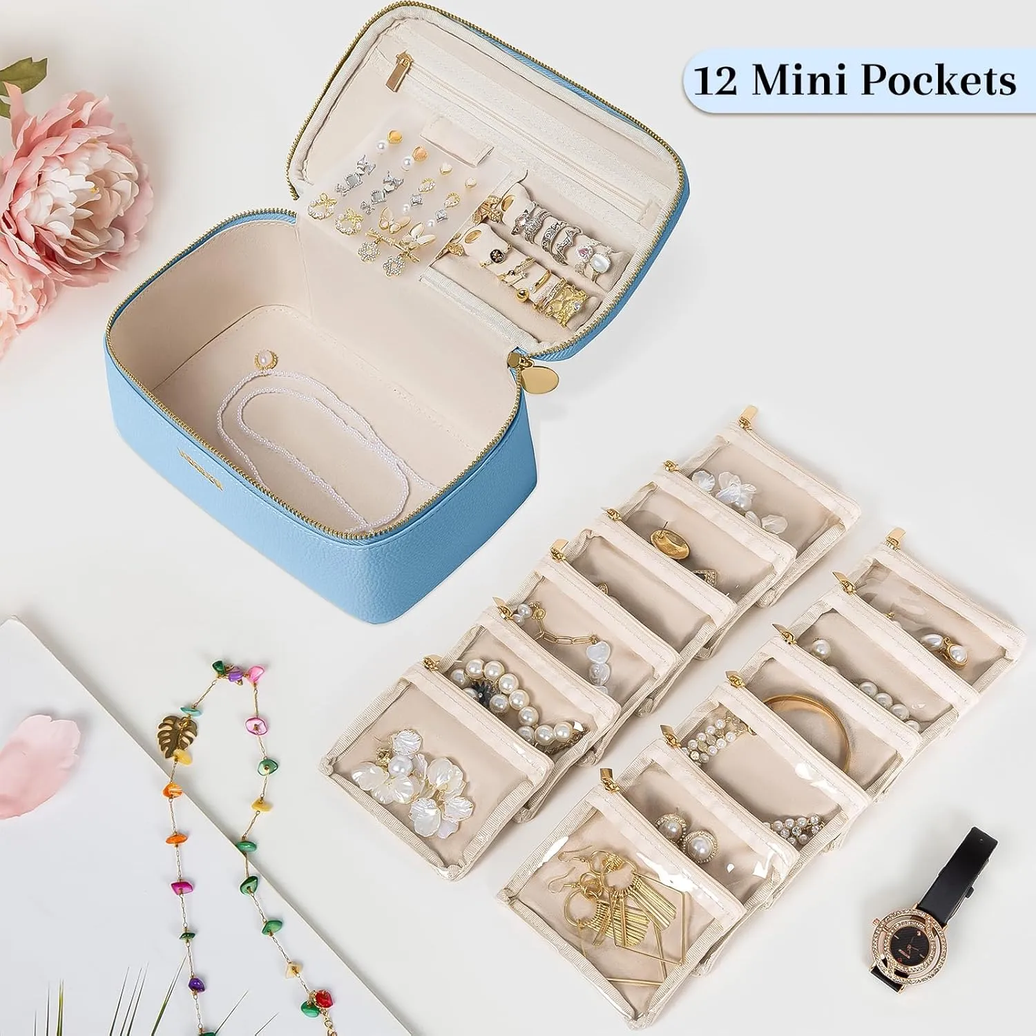 Travel Jewelry Box with 12 Pouches, Leather Jewelry Organizer Case for Women Girl for Necklace Earring Bracelet Ring, Jewelry Holder Organizer Box,Wedding Birthday Gift Idea