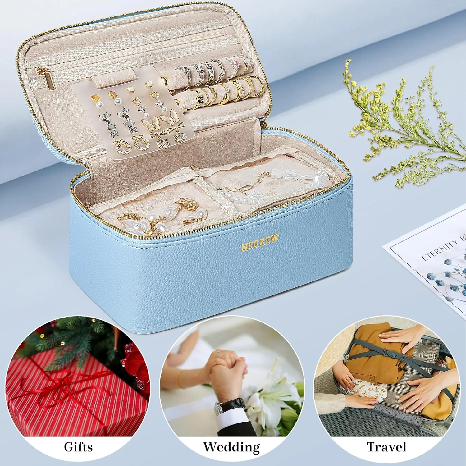 Travel Jewelry Box with 12 Pouches, Leather Jewelry Organizer Case for Women Girl for Necklace Earring Bracelet Ring, Jewelry Holder Organizer Box,Wedding Birthday Gift Idea
