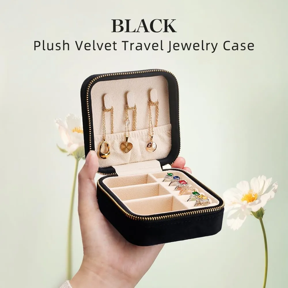 Travel Jewelry Case, Small Plush Velvet Jewelry Box for Women and Girls, Mini Portable Jewelry holder organizer for Rings Earrings Necklaces Bracelets(Black)