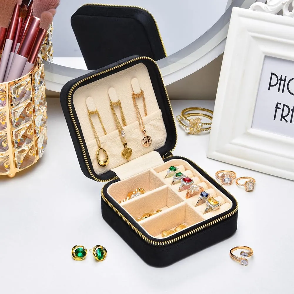 Travel Jewelry Case, Small Plush Velvet Jewelry Box for Women and Girls, Mini Portable Jewelry holder organizer for Rings Earrings Necklaces Bracelets(Black)