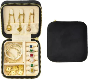 Travel Jewelry Case, Small Plush Velvet Jewelry Box for Women and Girls, Mini Portable Jewelry holder organizer for Rings Earrings Necklaces Bracelets(Black)
