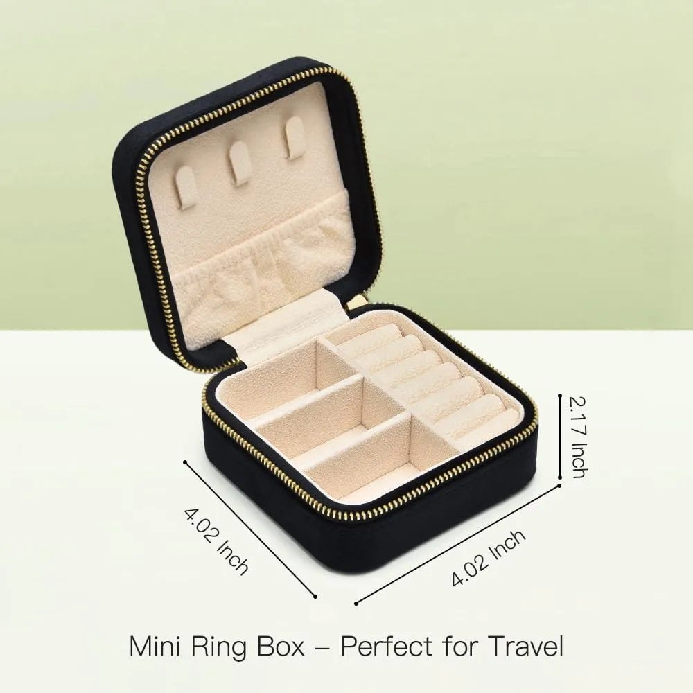 Travel Jewelry Case, Small Plush Velvet Jewelry Box for Women and Girls, Mini Portable Jewelry holder organizer for Rings Earrings Necklaces Bracelets(Black)