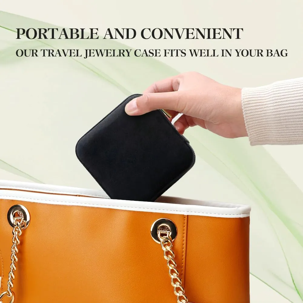 Travel Jewelry Case, Small Plush Velvet Jewelry Box for Women and Girls, Mini Portable Jewelry holder organizer for Rings Earrings Necklaces Bracelets(Black)