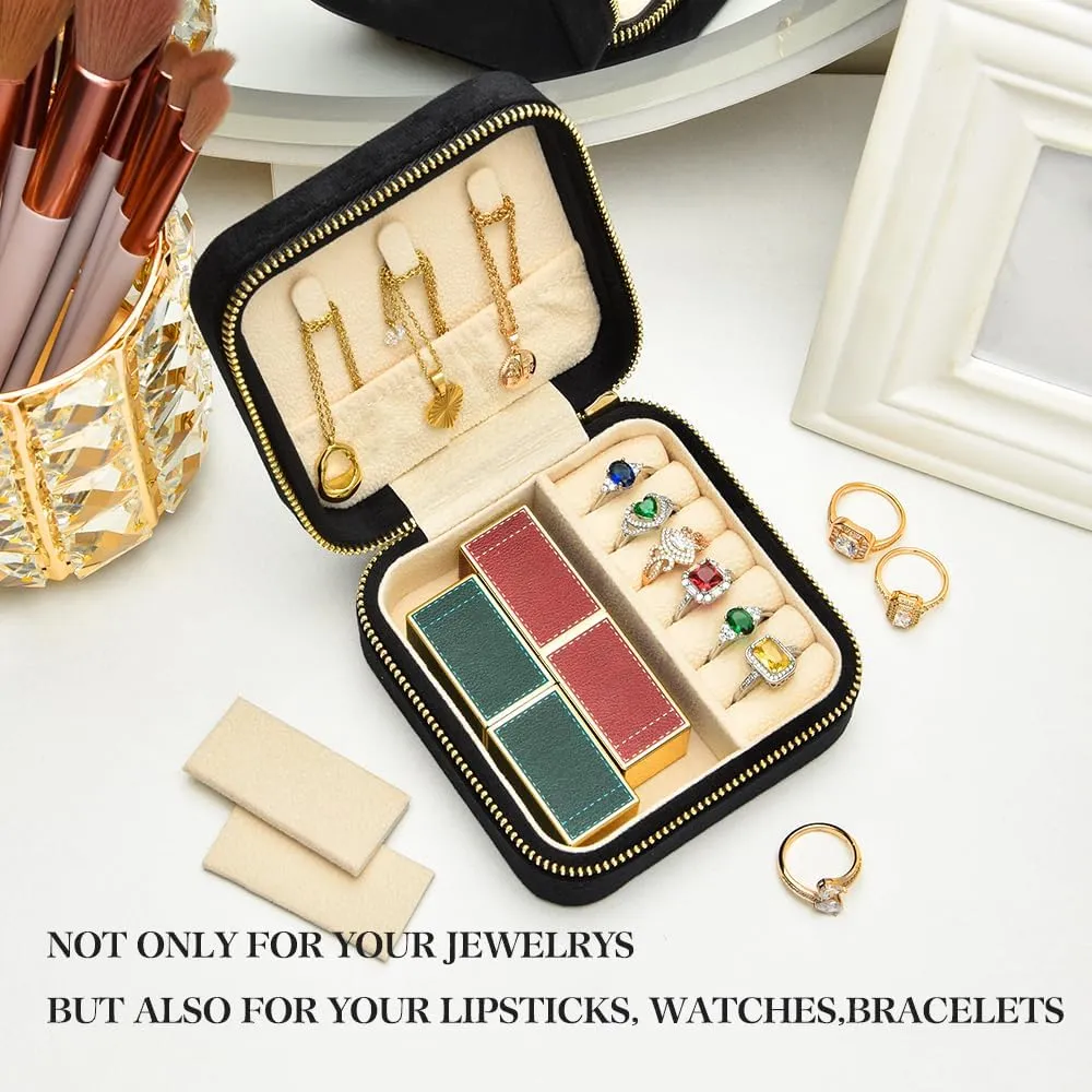 Travel Jewelry Case, Small Plush Velvet Jewelry Box for Women and Girls, Mini Portable Jewelry holder organizer for Rings Earrings Necklaces Bracelets(Black)
