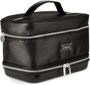 Travel Makeup Bag | Large Shiny Fabric Cosmetics Case | Makeup Light Storage | Brush Cup Holder | Black