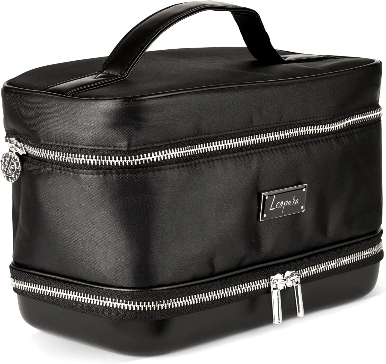 Travel Makeup Bag | Large Shiny Fabric Cosmetics Case | Makeup Light Storage | Brush Cup Holder | Black