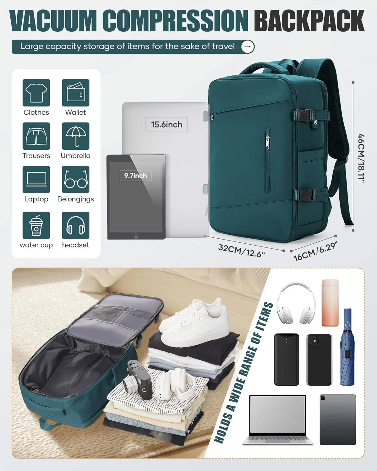 Travel Vacuum Backpack Airback Vacpack Seal Packing Backpack with Pump Storage Vacuum Compression Seal Bags Carrry on Flight Approved Personal Item Compression Laptop Work Back Pack Peacock Blue