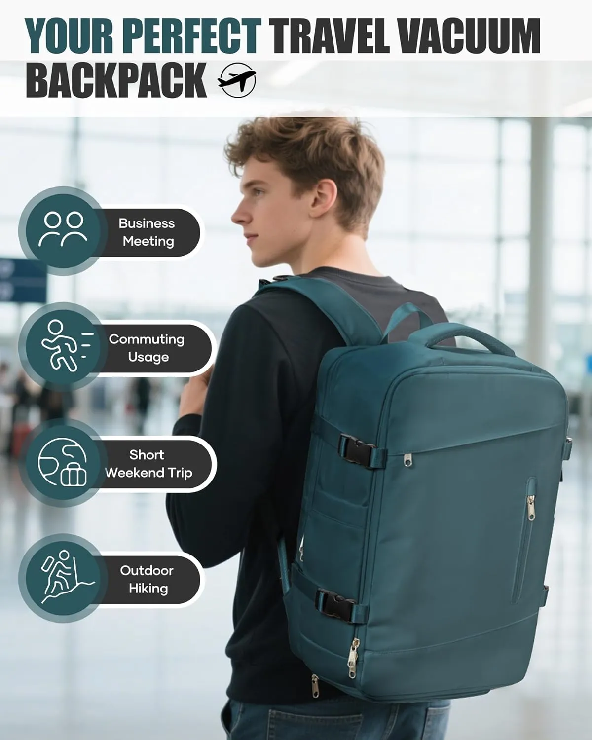 Travel Vacuum Backpack Airback Vacpack Seal Packing Backpack with Pump Storage Vacuum Compression Seal Bags Carrry on Flight Approved Personal Item Compression Laptop Work Back Pack Peacock Blue