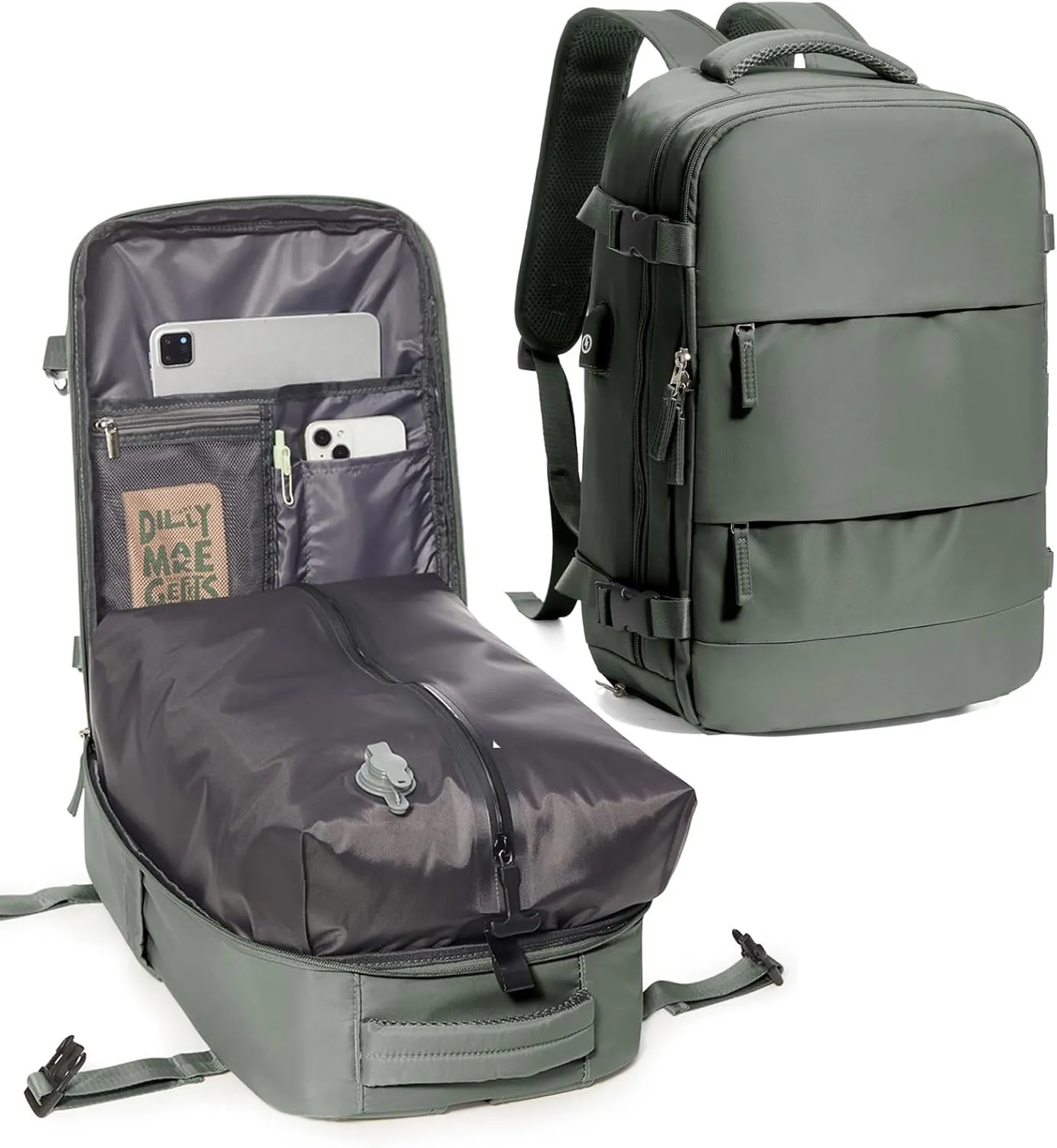 Travel Vacuum Backpack, Seal Compression Airback Vacpack with Wet Bag & Shoe Compartment, Carry On Suitcase Luggage Flight Approved for Men Women Personal Item, Green