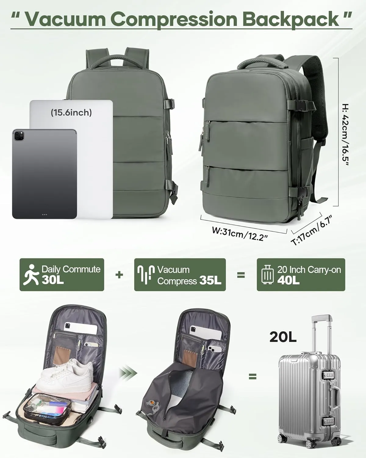 Travel Vacuum Backpack, Seal Compression Airback Vacpack with Wet Bag & Shoe Compartment, Carry On Suitcase Luggage Flight Approved for Men Women Personal Item, Green