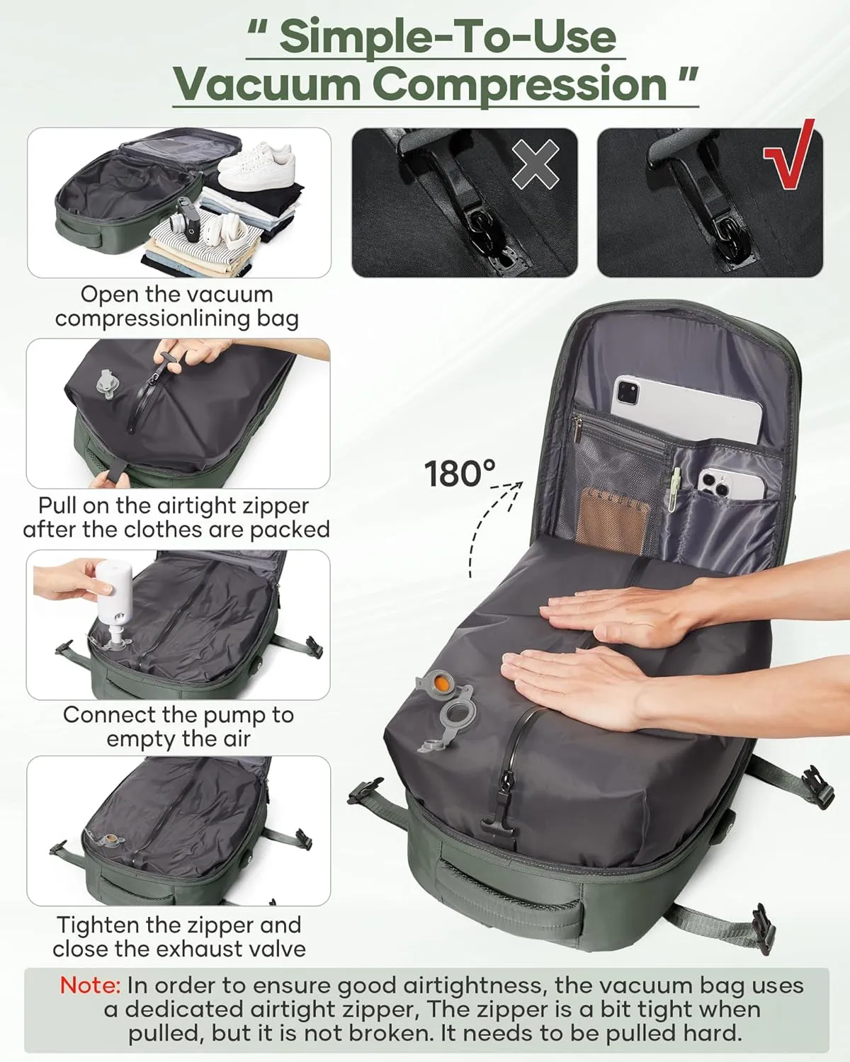 Travel Vacuum Backpack, Seal Compression Airback Vacpack with Wet Bag & Shoe Compartment, Carry On Suitcase Luggage Flight Approved for Men Women Personal Item, Green