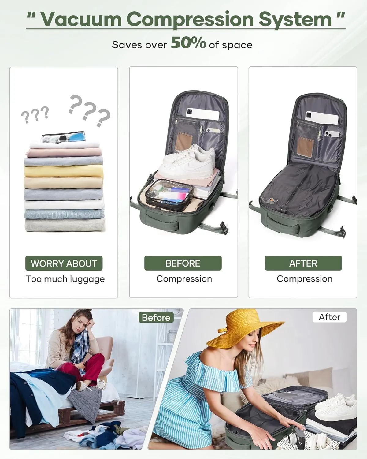 Travel Vacuum Backpack, Seal Compression Airback Vacpack with Wet Bag & Shoe Compartment, Carry On Suitcase Luggage Flight Approved for Men Women Personal Item, Green