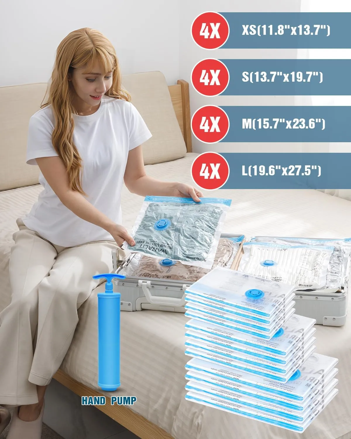 Travel Vacuum Storage Bags with Hand Pump, 16 Pack (4L 4M 4S 4XS) Vacuum Seal Bag Travel Essentials Space Saving Bags for Clothes, Luggage, Carry-on Suitcase, Backpack, Holiday Business Trip