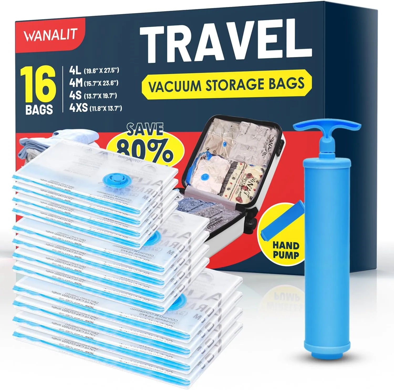 Travel Vacuum Storage Bags with Hand Pump, 16 Pack (4L 4M 4S 4XS) Vacuum Seal Bag Travel Essentials Space Saving Bags for Clothes, Luggage, Carry-on Suitcase, Backpack, Holiday Business Trip