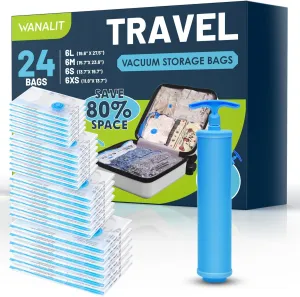 Travel Vacuum Storage Bags with Hand Pump, 24 Pack (6L 6M 6S 6XS) Vacuum Seal Bag Travel Essentials Space Saving Bags for Clothes, Luggage, Carry-on Suitcase, Backpack, Holiday Business Trip