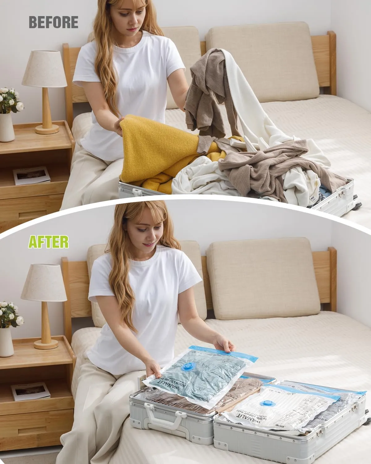 Travel Vacuum Storage Bags with Hand Pump, 24 Pack (6L 6M 6S 6XS) Vacuum Seal Bag Travel Essentials Space Saving Bags for Clothes, Luggage, Carry-on Suitcase, Backpack, Holiday Business Trip