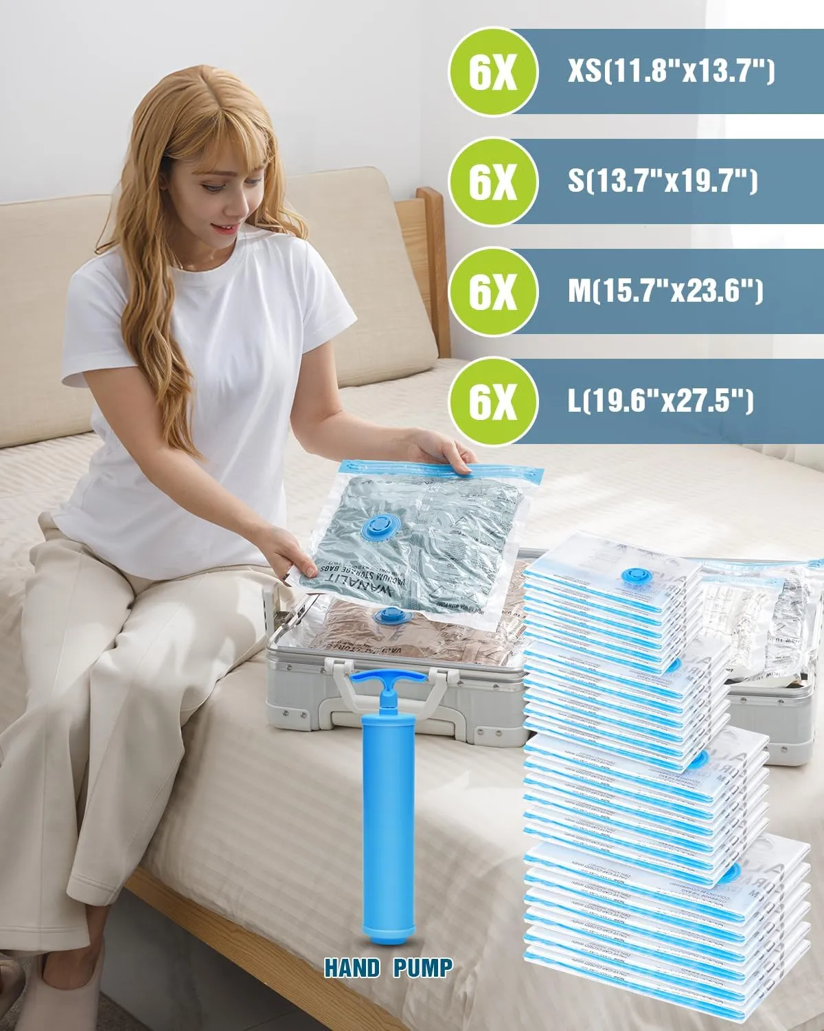 Travel Vacuum Storage Bags with Hand Pump, 24 Pack (6L 6M 6S 6XS) Vacuum Seal Bag Travel Essentials Space Saving Bags for Clothes, Luggage, Carry-on Suitcase, Backpack, Holiday Business Trip