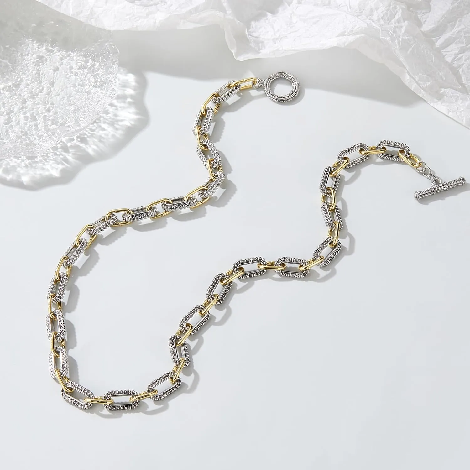 Trendy Two Tone Chain Necklace for Women, Mixed Metal Link Necklaces Designer Dupes Jewelry Gifts for Her