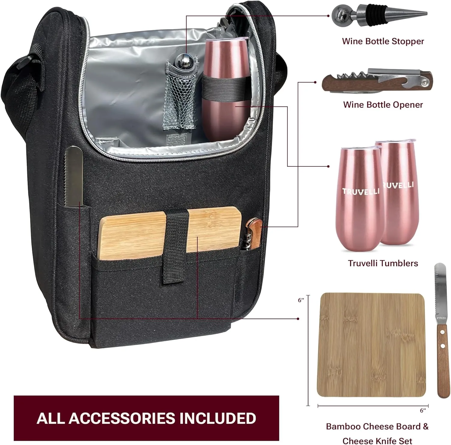 Truvelli Black Insulated Wine Tote Bag: Portable 2 Bottle Cheese Waterproof Black Canvas Carrier Picnic Kit - Stopper Attachment, Plus Wooden Charcuterie Board
