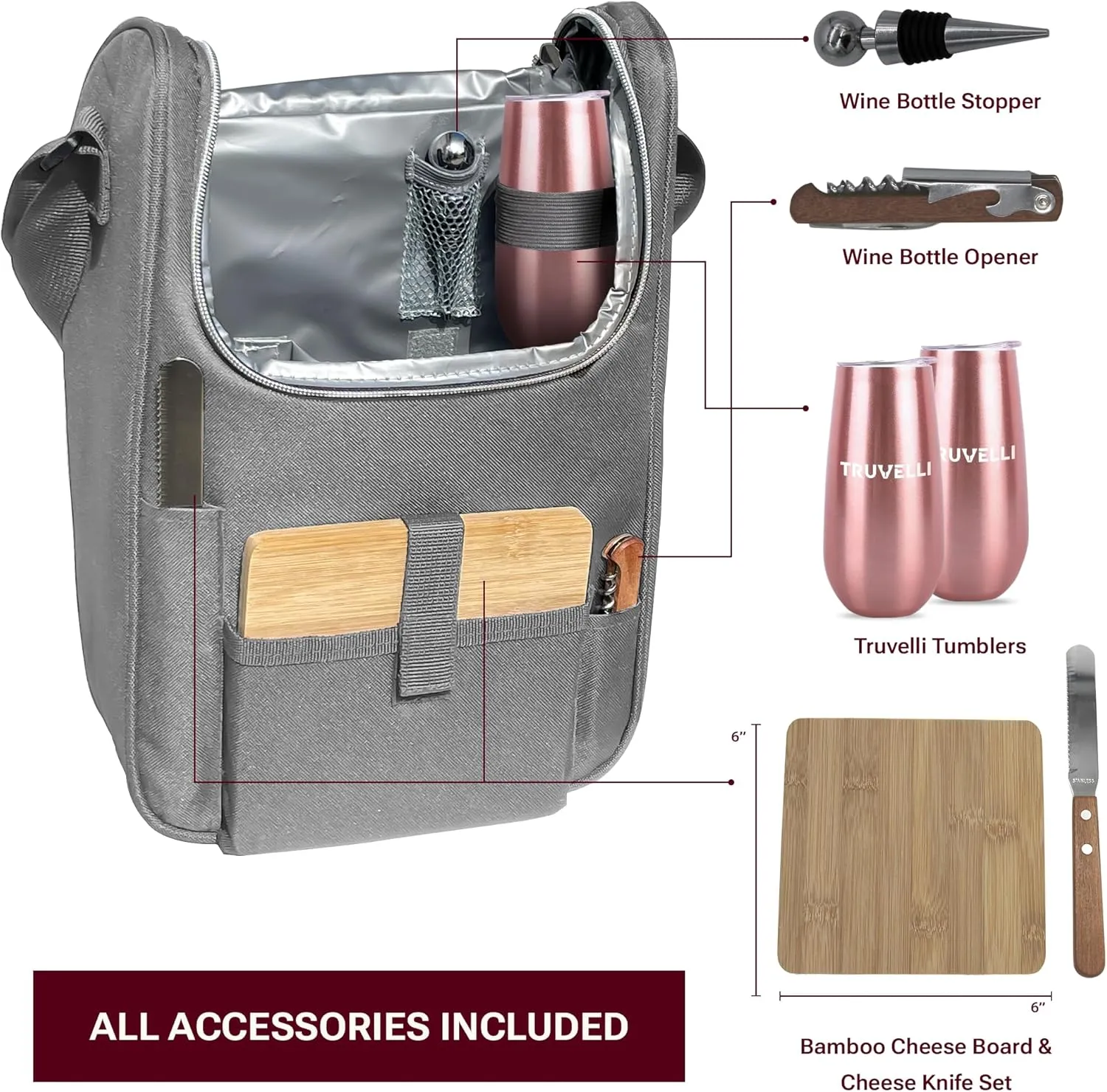 Truvelli Insulated Wine Tote Bag: Portable 2 Bottle Cheese Waterproof Black Canvas Carrier Picnic Kit - Stopper Attachment, Plus Wooden Charcuterie Board