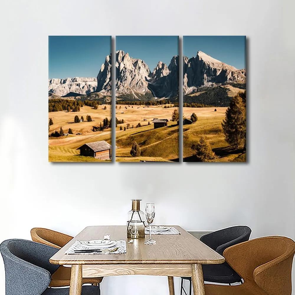 TUMOVO 3 Pieces Wonderful Hiking Nature Scenery In Dolomites Pictures Canvas Wall Art Print, Home Decor, Retro Style Alpine Forest Nature Landscape Log Cabin Large Pictures Artwork (60" Wx40 H)