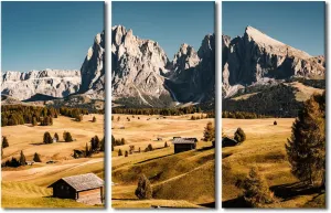 TUMOVO 3 Pieces Wonderful Hiking Nature Scenery In Dolomites Pictures Canvas Wall Art Print, Home Decor, Retro Style Alpine Forest Nature Landscape Log Cabin Large Pictures Artwork (60" Wx40 H)