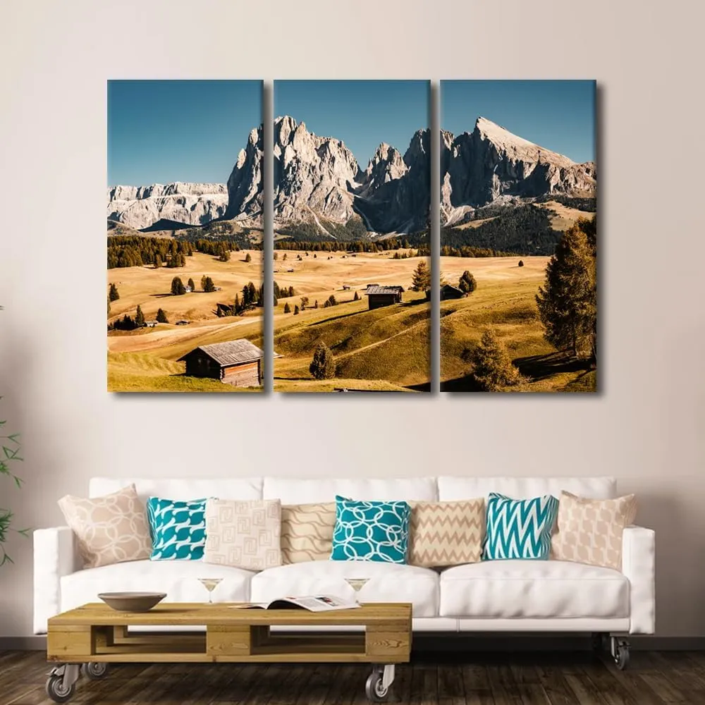 TUMOVO 3 Pieces Wonderful Hiking Nature Scenery In Dolomites Pictures Canvas Wall Art Print, Home Decor, Retro Style Alpine Forest Nature Landscape Log Cabin Large Pictures Artwork (60" Wx40 H)