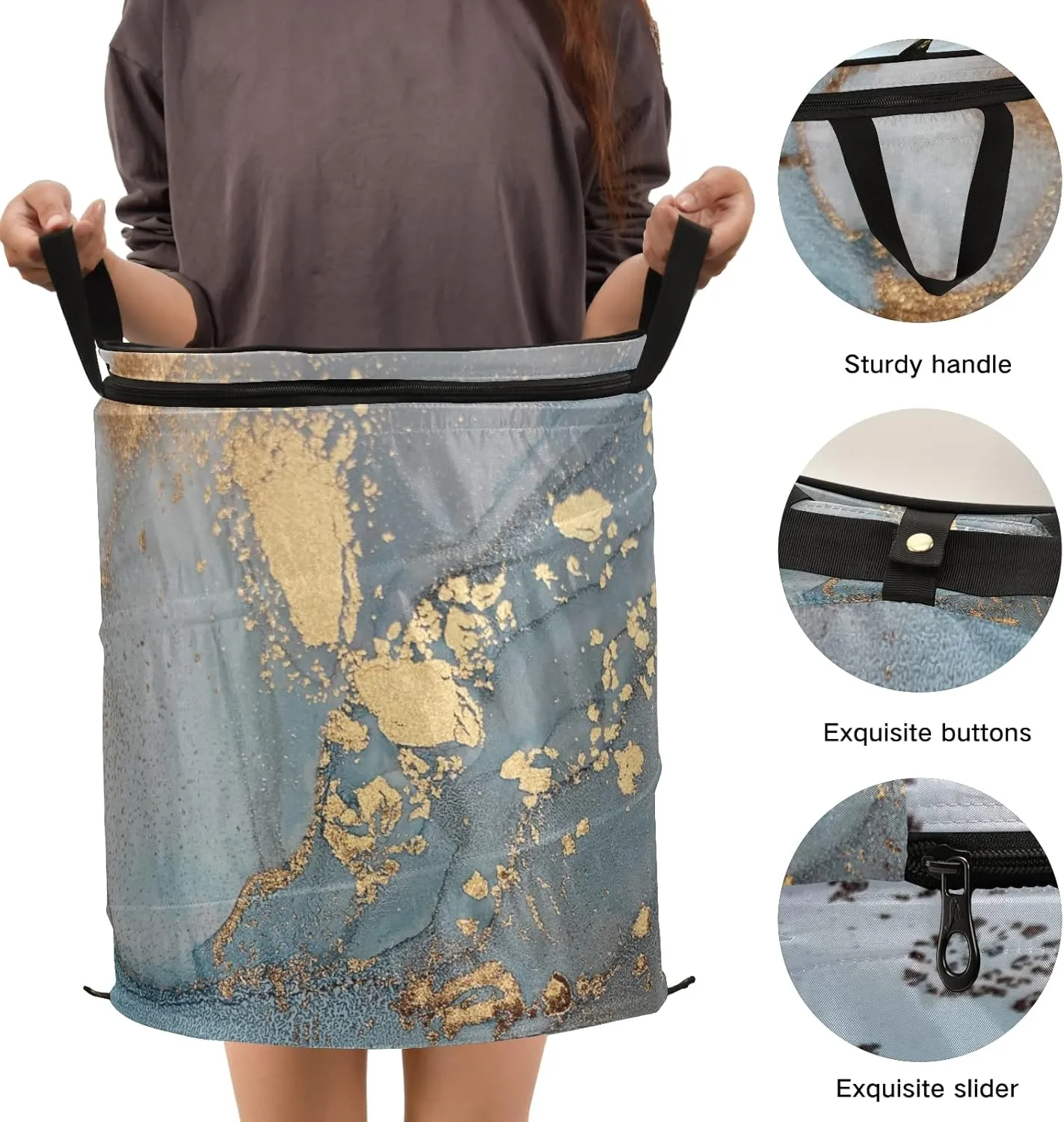 Turquoise Blue Marble with Gold Smudges and Stains Golden Pigment Pop Up Laundry Hamper, Collapsible Dirty Clothes Basket with Zipper Lid, Storage Bag Washing Bin for Room College Dorm Travel