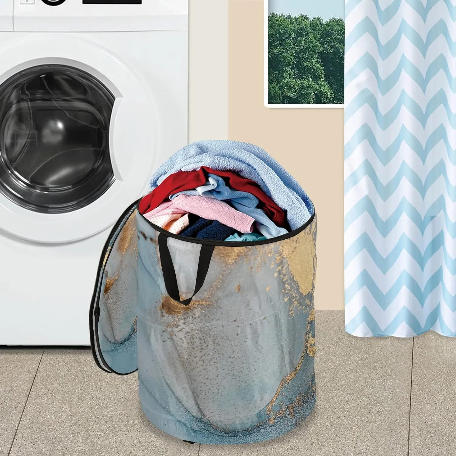 Turquoise Blue Marble with Gold Smudges and Stains Golden Pigment Pop Up Laundry Hamper, Collapsible Dirty Clothes Basket with Zipper Lid, Storage Bag Washing Bin for Room College Dorm Travel