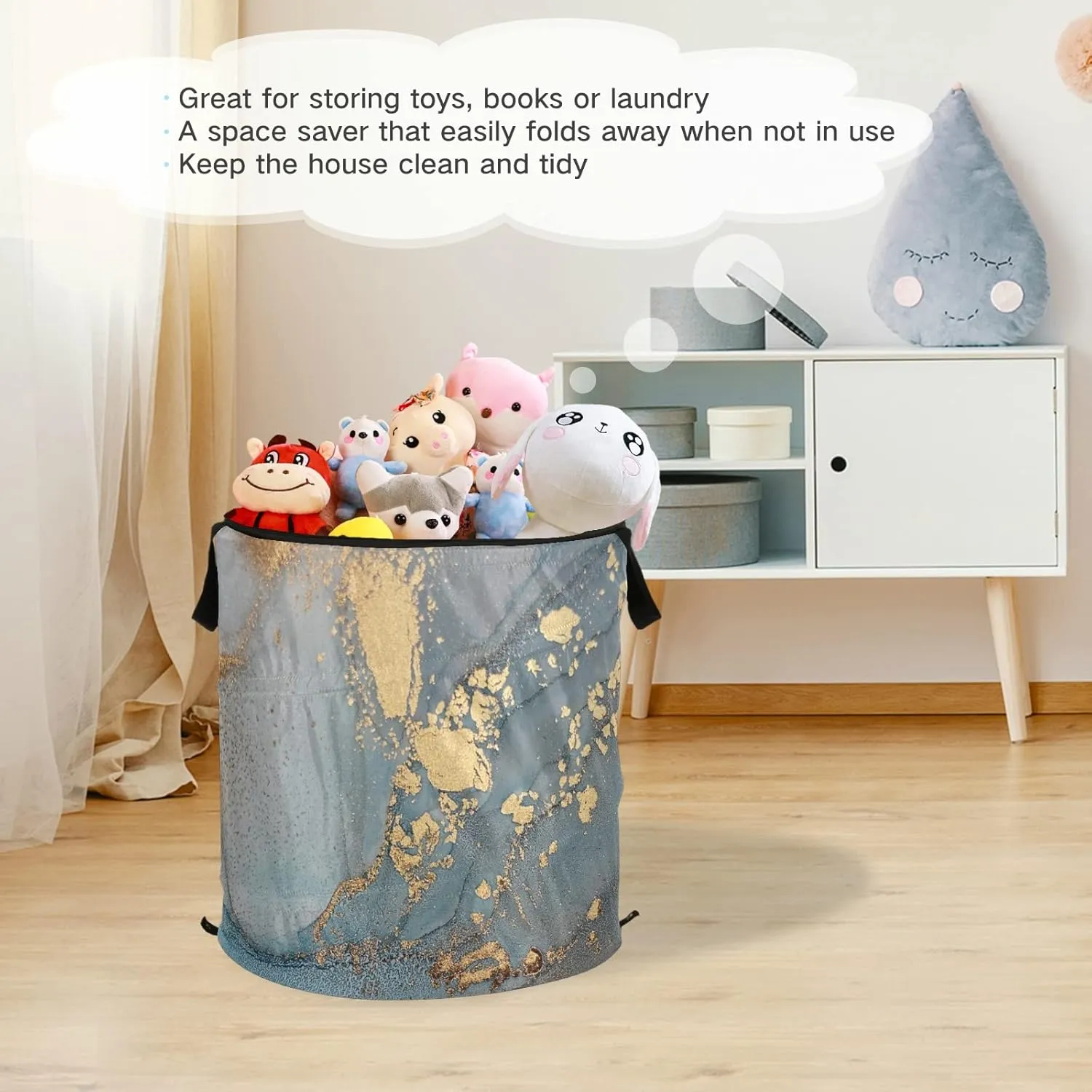 Turquoise Blue Marble with Gold Smudges and Stains Golden Pigment Pop Up Laundry Hamper, Collapsible Dirty Clothes Basket with Zipper Lid, Storage Bag Washing Bin for Room College Dorm Travel