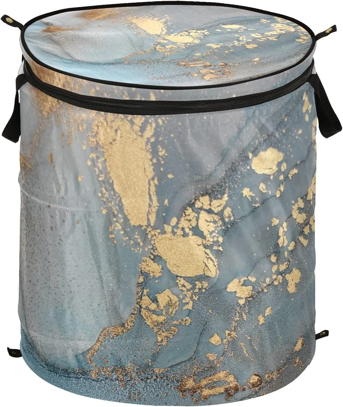 Turquoise Blue Marble with Gold Smudges and Stains Golden Pigment Pop Up Laundry Hamper, Collapsible Dirty Clothes Basket with Zipper Lid, Storage Bag Washing Bin for Room College Dorm Travel