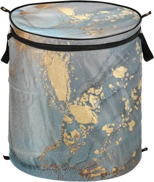 Turquoise Blue Marble with Gold Smudges and Stains Golden Pigment Pop Up Laundry Hamper, Collapsible Dirty Clothes Basket with Zipper Lid, Storage Bag Washing Bin for Room College Dorm Travel