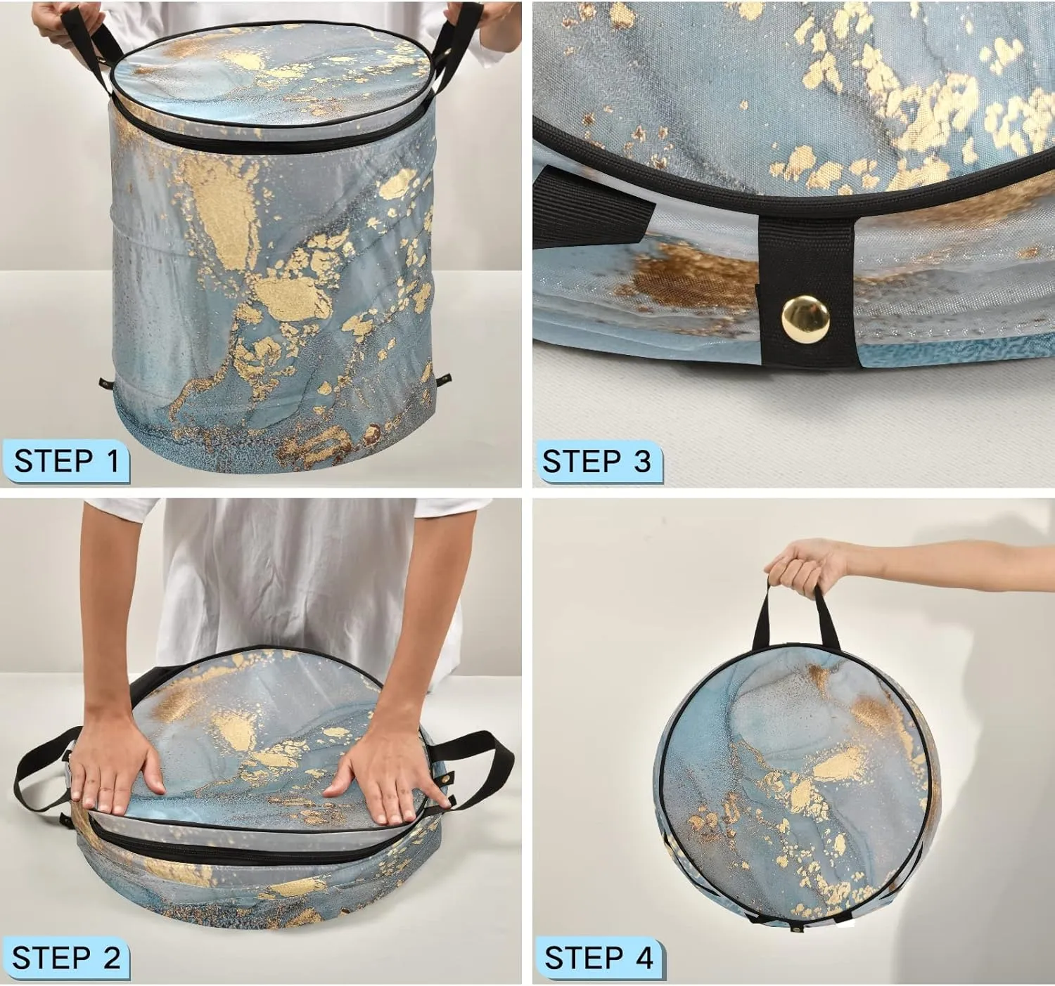 Turquoise Blue Marble with Gold Smudges and Stains Golden Pigment Pop Up Laundry Hamper, Collapsible Dirty Clothes Basket with Zipper Lid, Storage Bag Washing Bin for Room College Dorm Travel