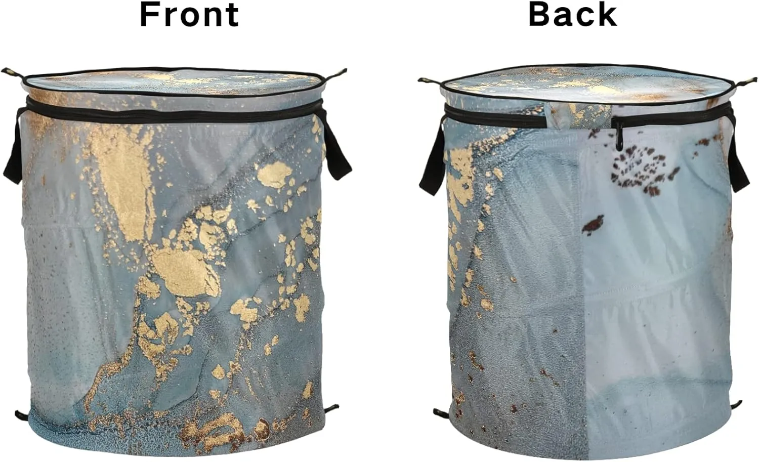 Turquoise Blue Marble with Gold Smudges and Stains Golden Pigment Pop Up Laundry Hamper, Collapsible Dirty Clothes Basket with Zipper Lid, Storage Bag Washing Bin for Room College Dorm Travel