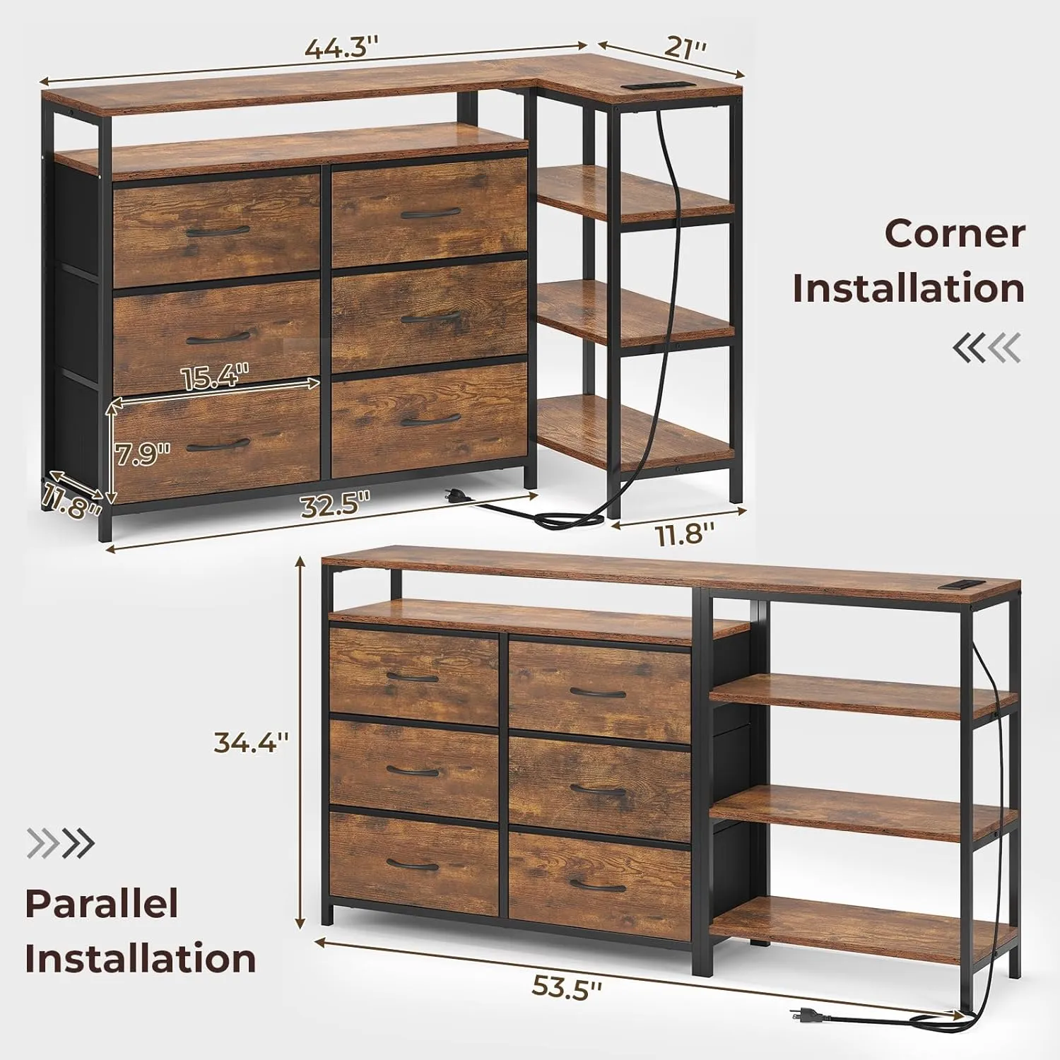 TV Stand for 60 Inches With Charging Station & LED Lights, 6 Fabric Drawers, Entertainment Center and Industrial Console Table With Shelves for Living Room, Bedroom, Rustic Brown