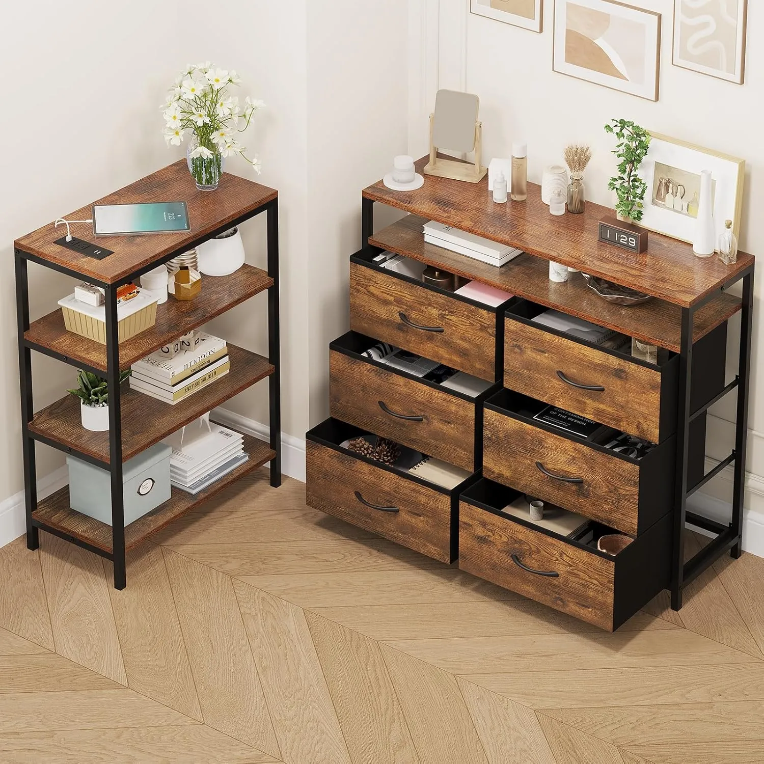 TV Stand for 60 Inches With Charging Station & LED Lights, 6 Fabric Drawers, Entertainment Center and Industrial Console Table With Shelves for Living Room, Bedroom, Rustic Brown