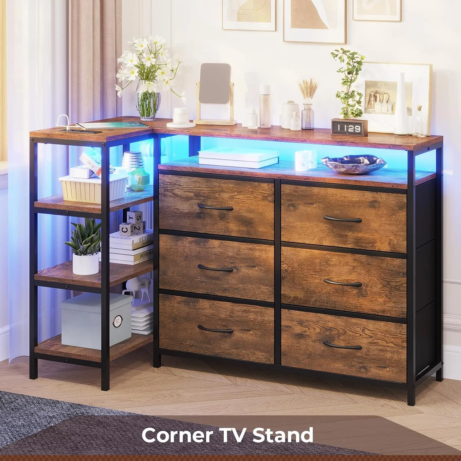 TV Stand for 60 Inches With Charging Station & LED Lights, 6 Fabric Drawers, Entertainment Center and Industrial Console Table With Shelves for Living Room, Bedroom, Rustic Brown