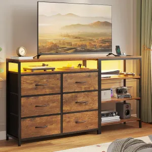 TV Stand for 60 Inches With Charging Station & LED Lights, 6 Fabric Drawers, Entertainment Center and Industrial Console Table With Shelves for Living Room, Bedroom, Rustic Brown