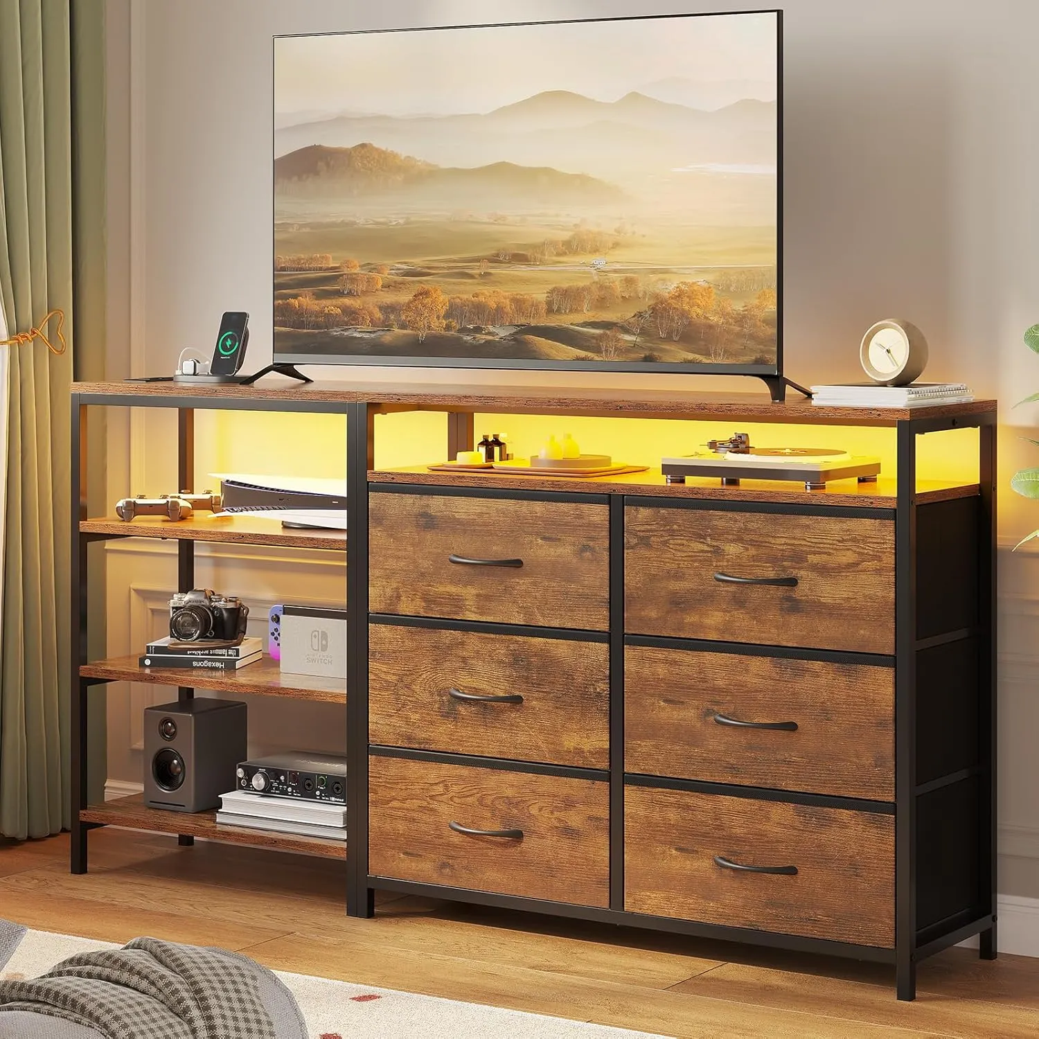 TV Stand for 60 Inches With Charging Station & LED Lights, 6 Fabric Drawers, Entertainment Center and Industrial Console Table With Shelves for Living Room, Bedroom, Rustic Brown