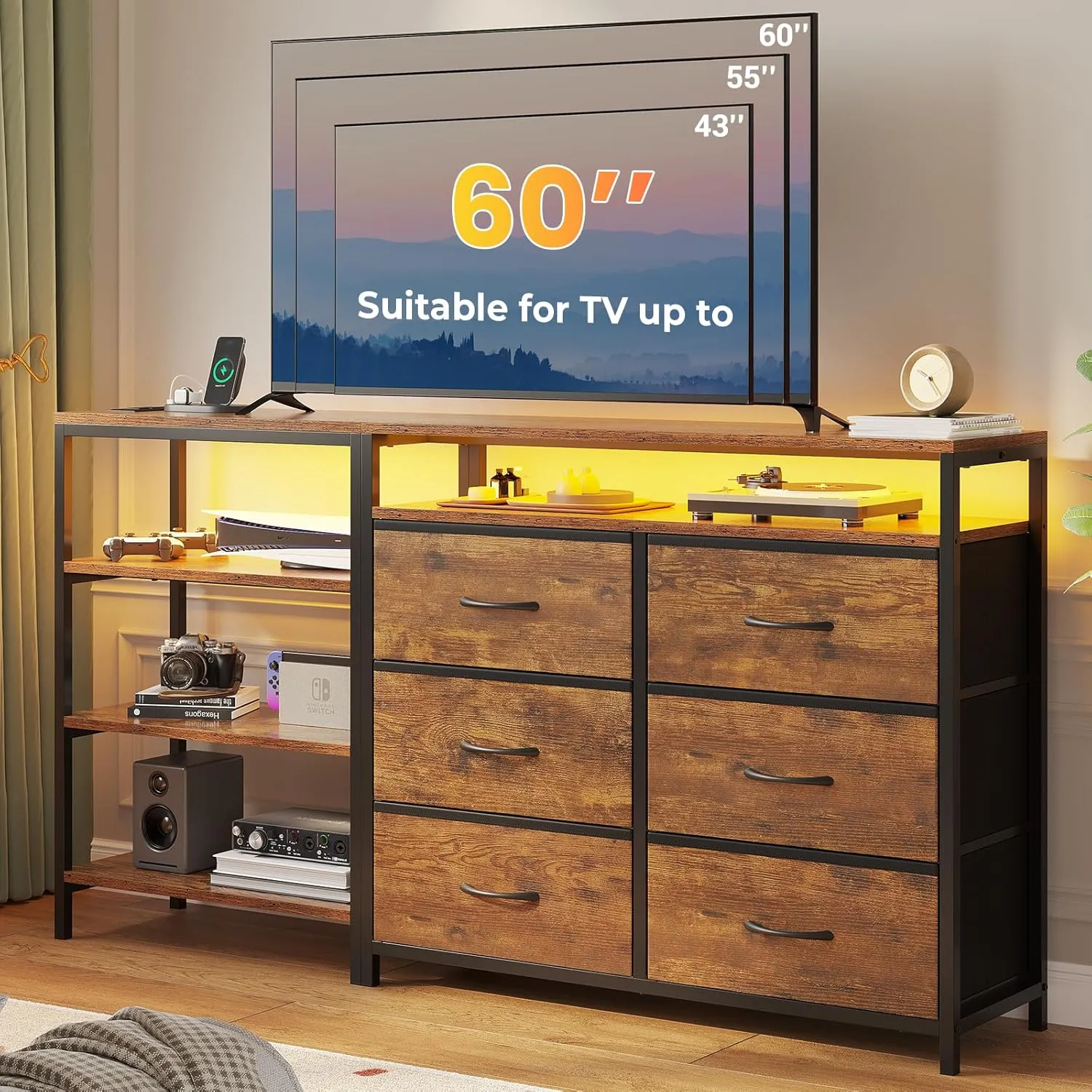 TV Stand for 60 Inches With Charging Station & LED Lights, 6 Fabric Drawers, Entertainment Center and Industrial Console Table With Shelves for Living Room, Bedroom, Rustic Brown