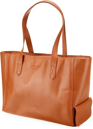 Twine Insulated Wine Cooler Bag, Faux Leather Tote with Insulated Liner, Shoulder Straps, Adjustable Divider, Silver Zipper, Tan, Set of 1