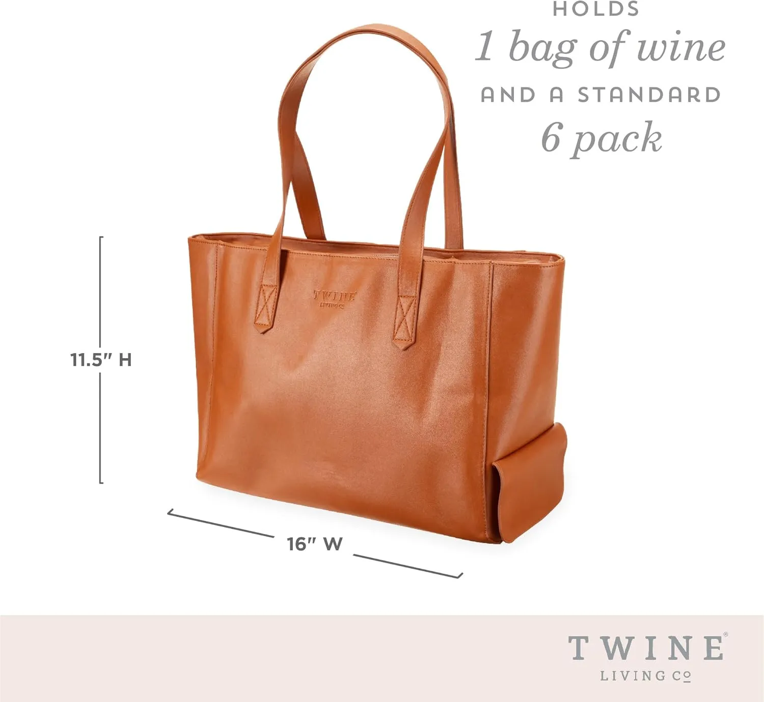 Twine Insulated Wine Cooler Bag, Faux Leather Tote with Insulated Liner, Shoulder Straps, Adjustable Divider, Silver Zipper, Tan, Set of 1